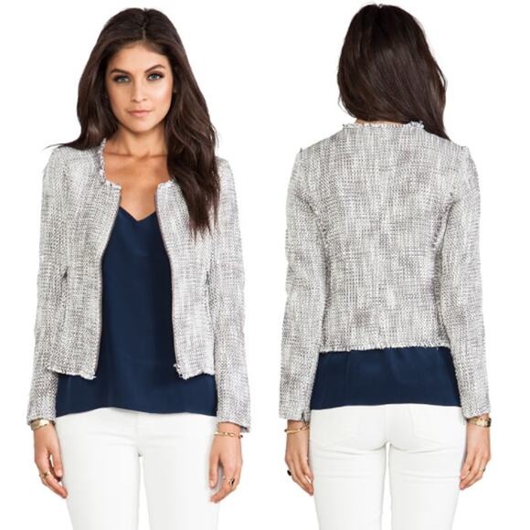 Joie Collins Long Sleeve Raw Cut Full Zip Tweed Blazer Jacket Gray/White Medium - Picture 1 of 16